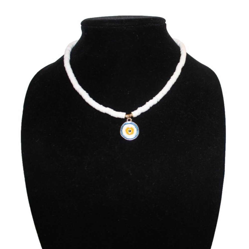 Vintage Puka Shell Surfer 17" Choker Necklace With Evil Eye Boho